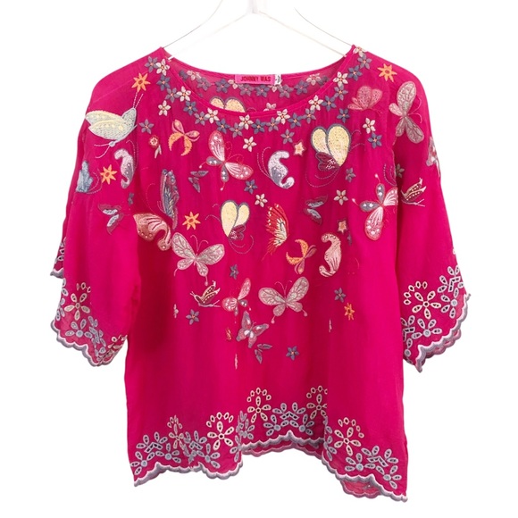 Johnny Was | Butterfly & Floral Embroidered Pink Short Sleeve Bellona Blouse - Picture 2 of 11